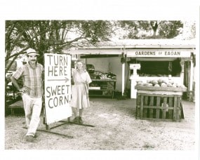 Turn Here Sweet Corn sign with Atina and Martin Diffley